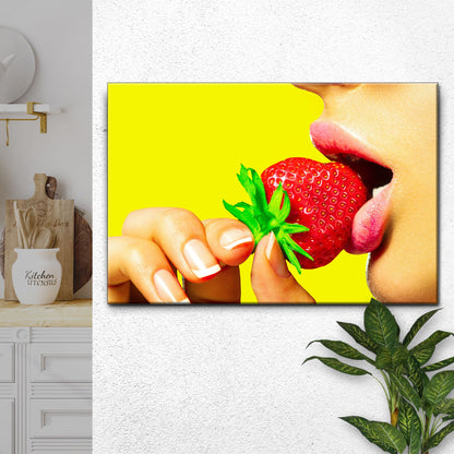Fruits Strawberry Lips Canvas Wall Art by Tailored Canvases bright yellow background on Tampa Home & Garden Store