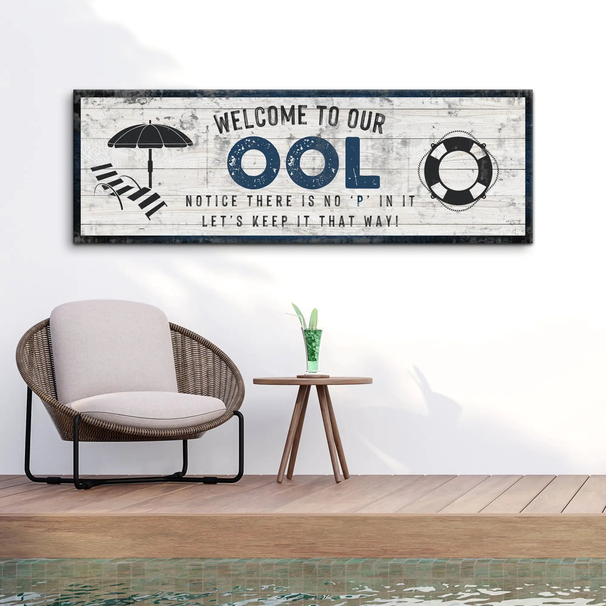 Canvas sign Welcome To Our Pool on distressed wood with lifebuoy and umbrella Tailored Canvases on Tampa Home & Garden Store