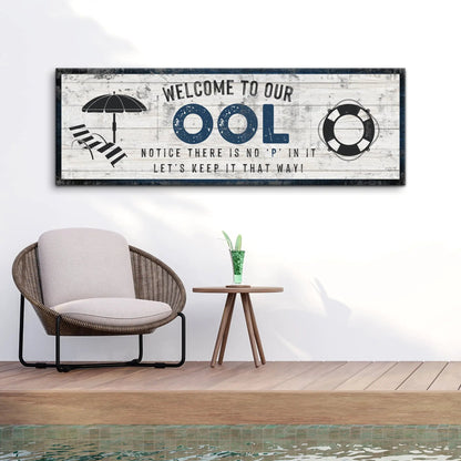 Canvas sign Welcome To Our Pool on distressed wood with lifebuoy and umbrella Tailored Canvases on Tampa Home & Garden Store