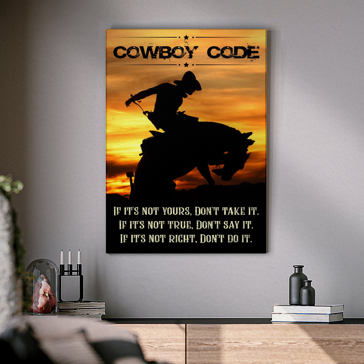 Cowboy Code II canvas silhouette on orange sunset with distressed bold text on Tampa Home & Garden Store