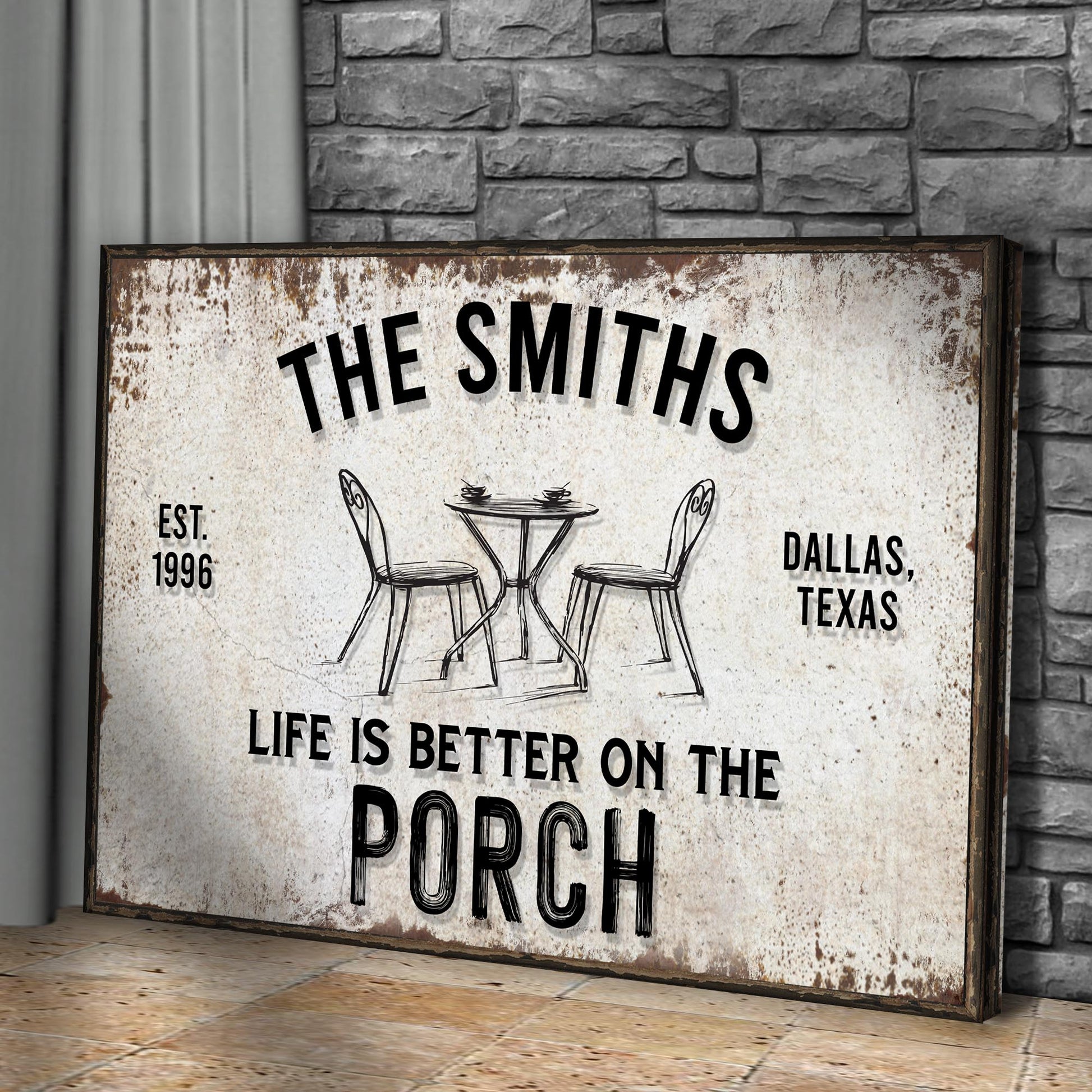 Life Is Better On The Porch canvas sign Tailored Canvases, rustic distressed with chair sketch on Tampa Home & Garden Store
