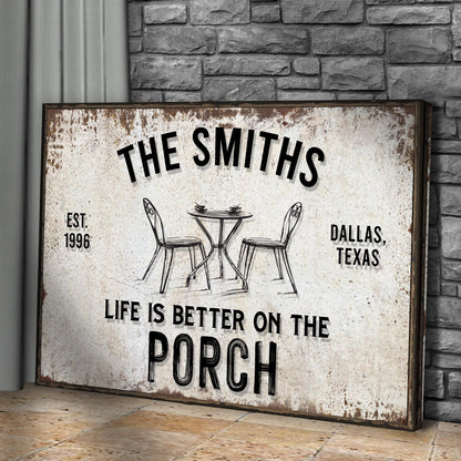 Life Is Better On The Porch canvas sign Tailored Canvases, rustic distressed with chair sketch on Tampa Home & Garden Store