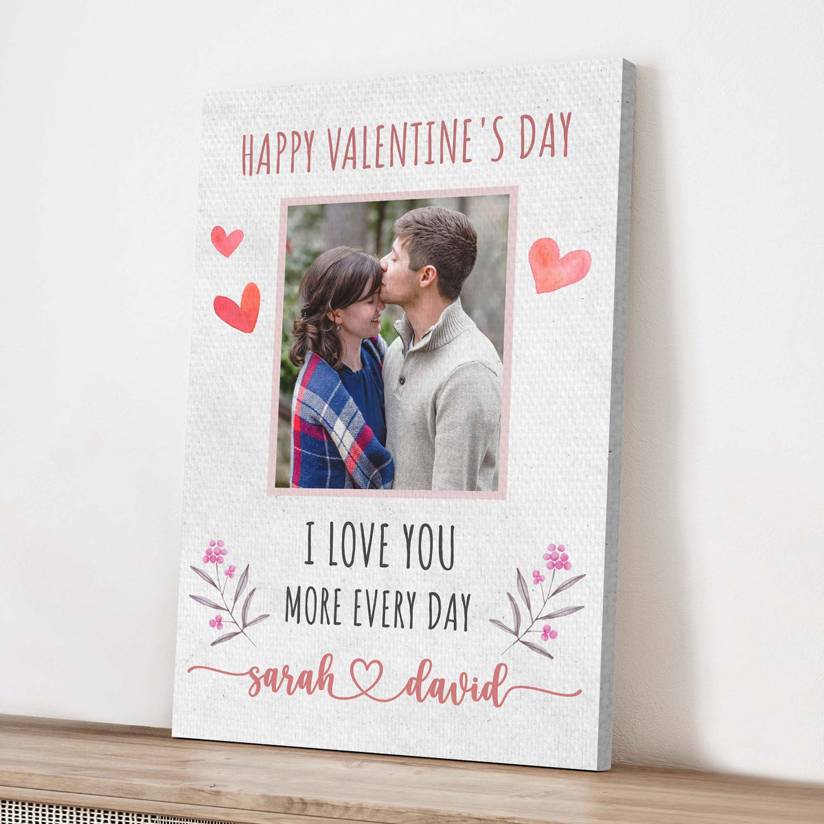 Canvas I Love You More Every Day Romantic Sign by Tailored Canvases with photo and pink hearts on Tampa Home & Garden Store