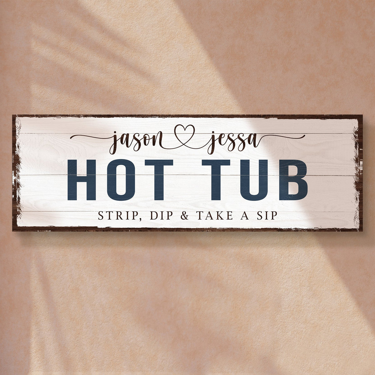 Hot tub sign canvas with white wood plank panel and navy HOT TUB text on Tampa Home & Garden Store