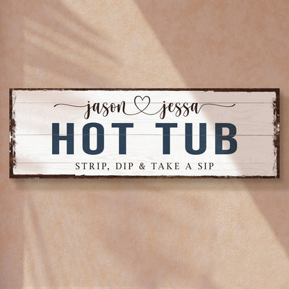 Hot tub sign canvas with white wood plank panel and navy HOT TUB text on Tampa Home & Garden Store