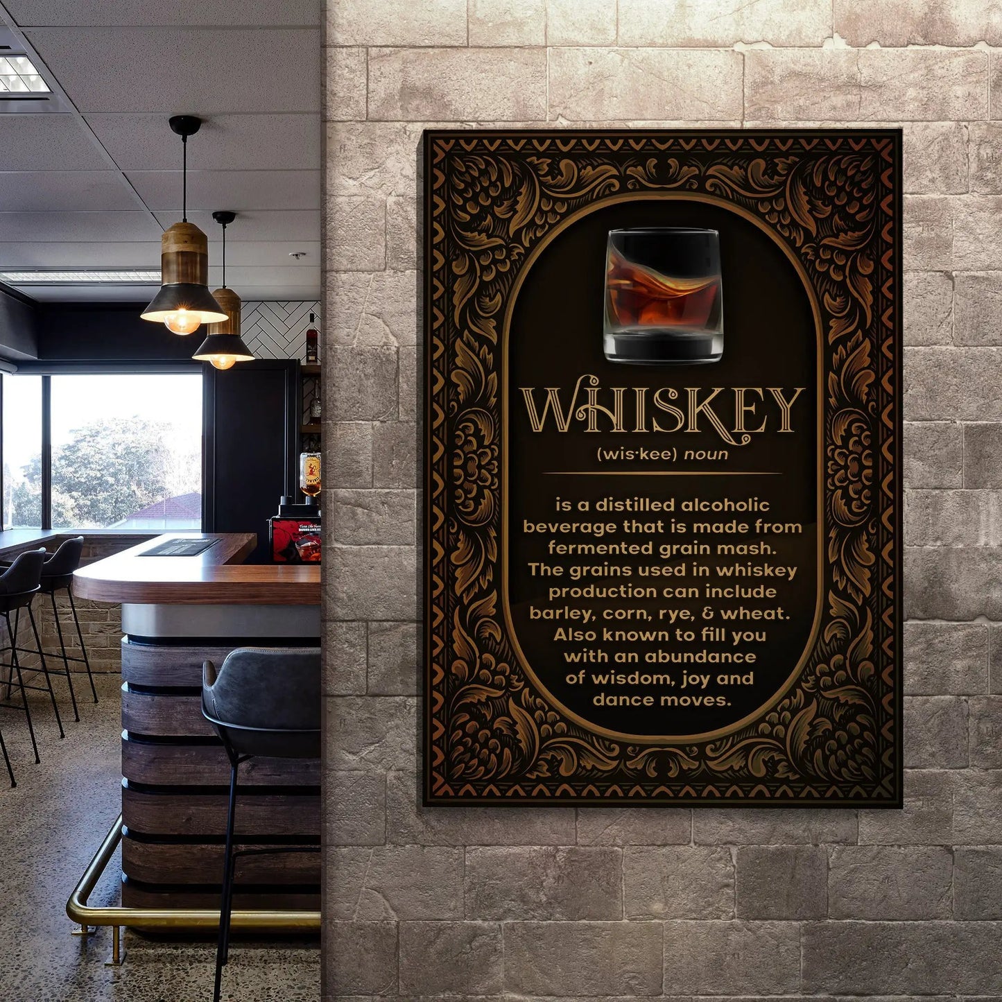 Whiskey Definition Sign canvas by Tailored Canvases with ornate frame mounted on a stone wall on Tampa Home & Garden Store