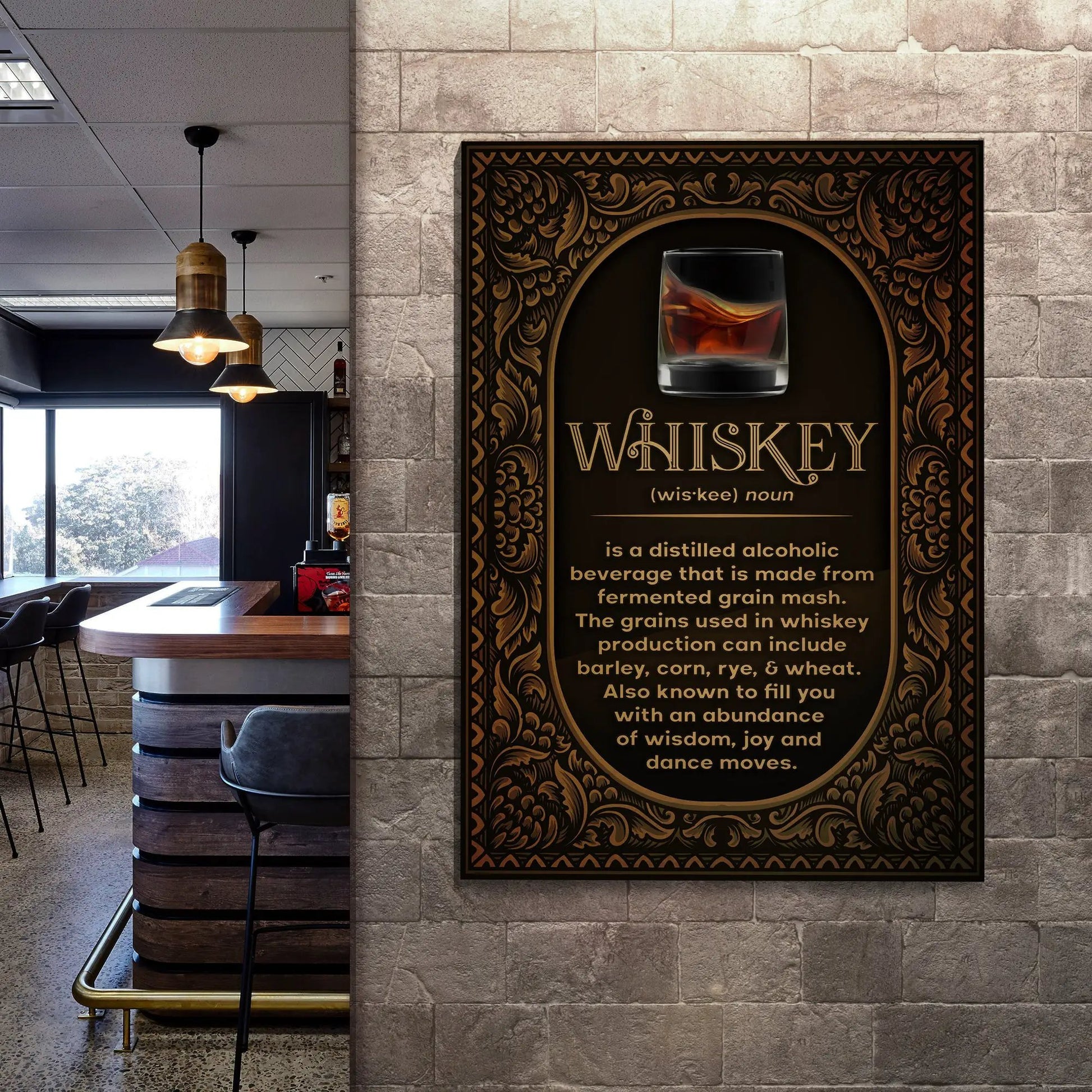 Whiskey Definition Sign canvas by Tailored Canvases with ornate frame mounted on a stone wall on Tampa Home & Garden Store
