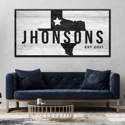 Texas Family Name Sign canvas wall art with Johnsons and Texas silhouette on Tampa Home & Garden Store