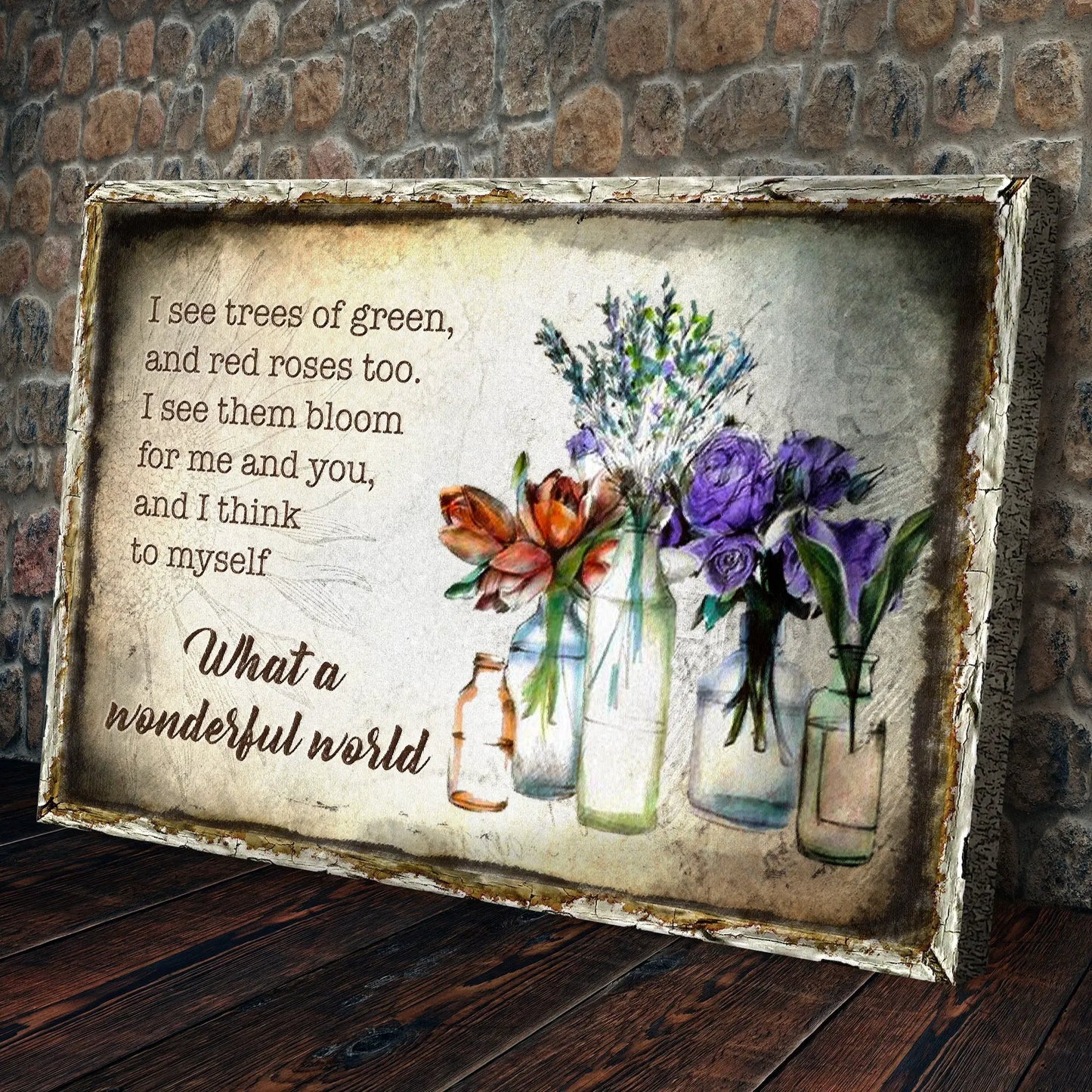 What A Wonderful World Sign VIII canvas by Tailored Canvases; rustic framed floral poetry on Tampa Home & Garden Store