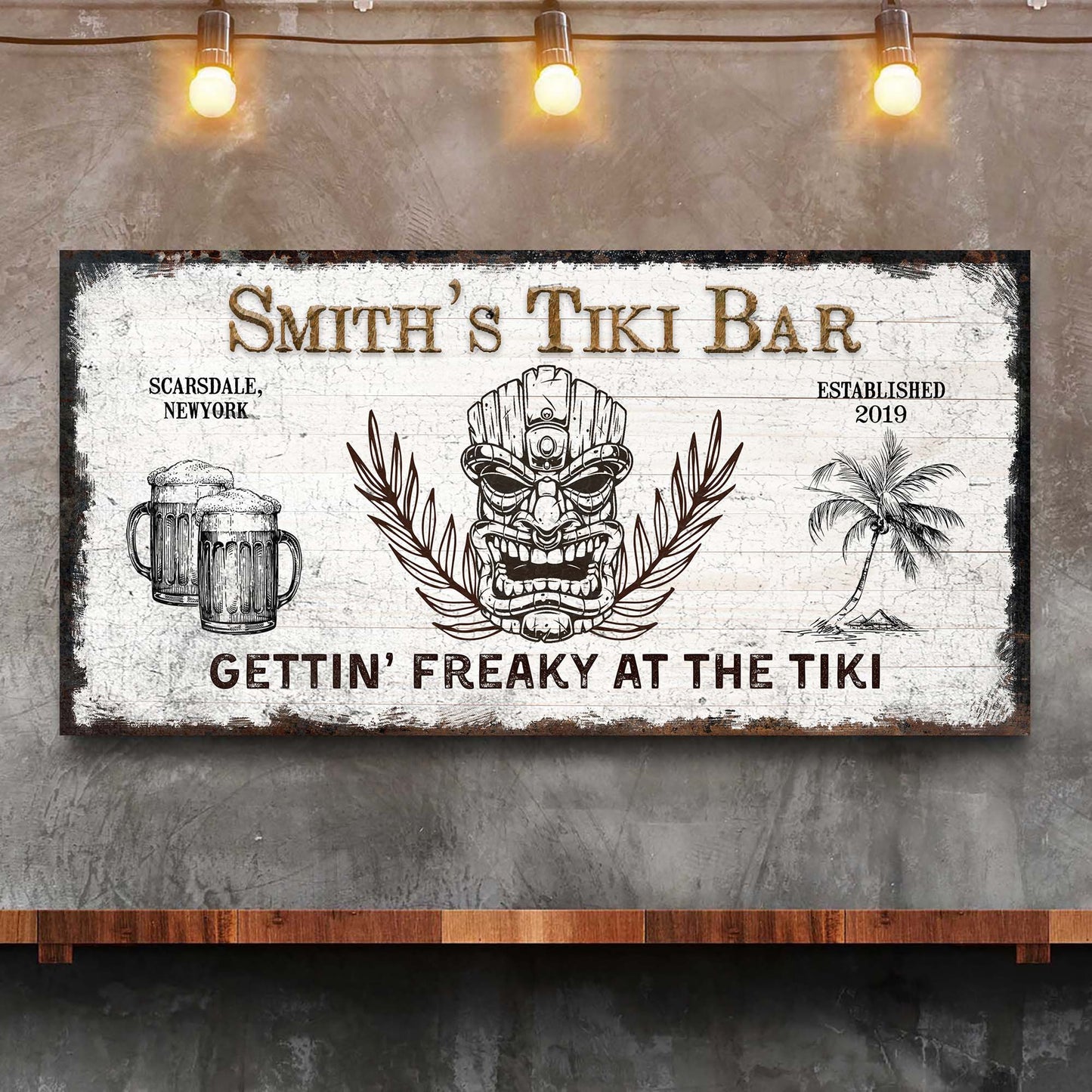 Tiki Bar Sign II crafting canvas by Tailored Canvases in distressed white with black border on Tampa Home & Garden Store