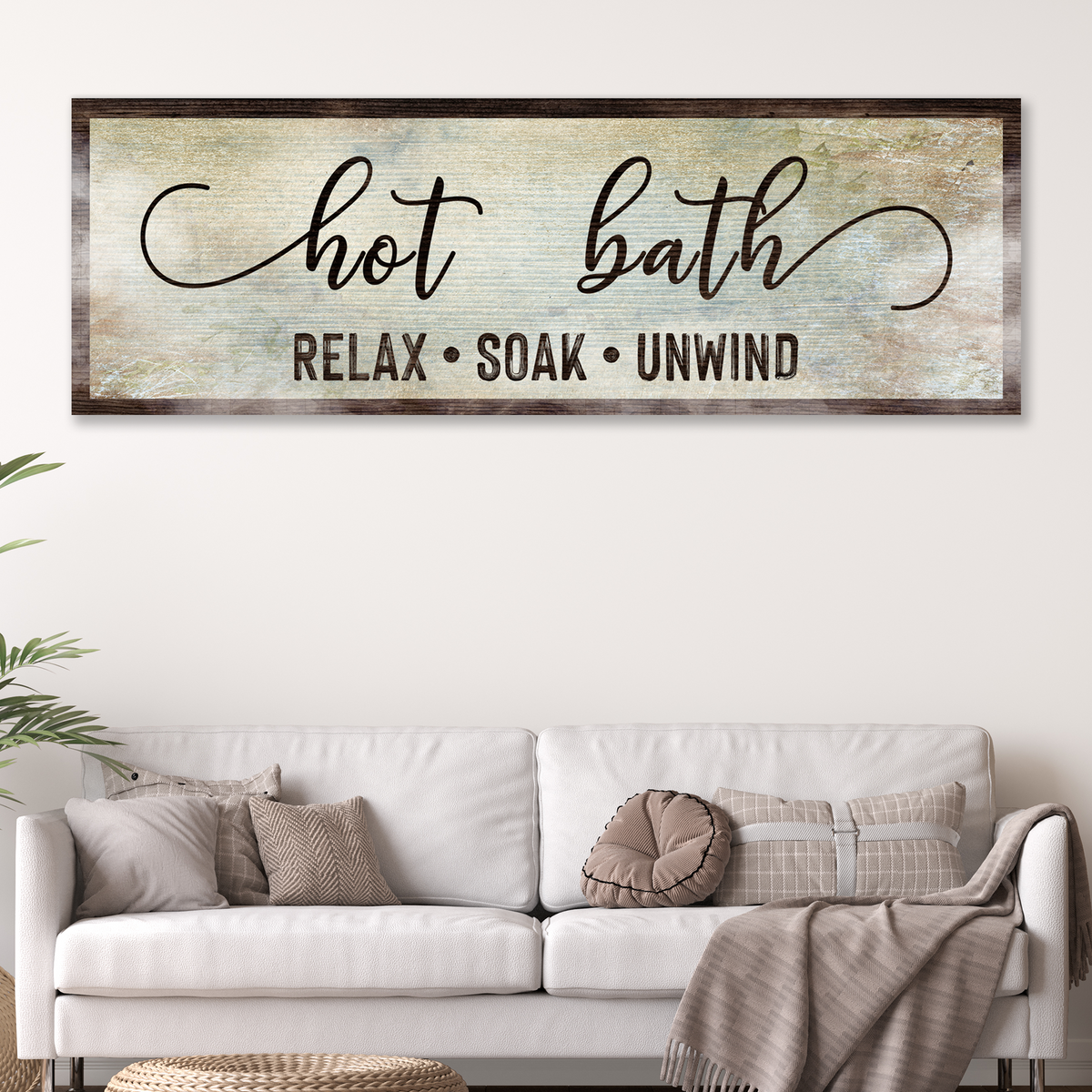 Hot Bath Sign Canvas wall art by Tailored Canvases weathered blue background with dark wood frame on Tampa Home & Garden Store