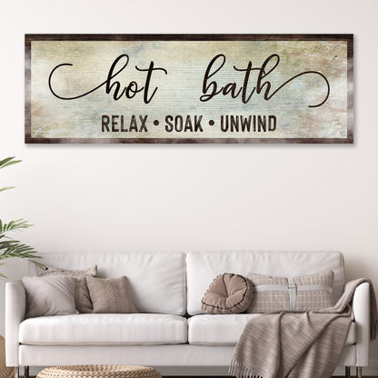 Hot Bath Sign Canvas wall art by Tailored Canvases weathered blue background with dark wood frame on Tampa Home & Garden Store