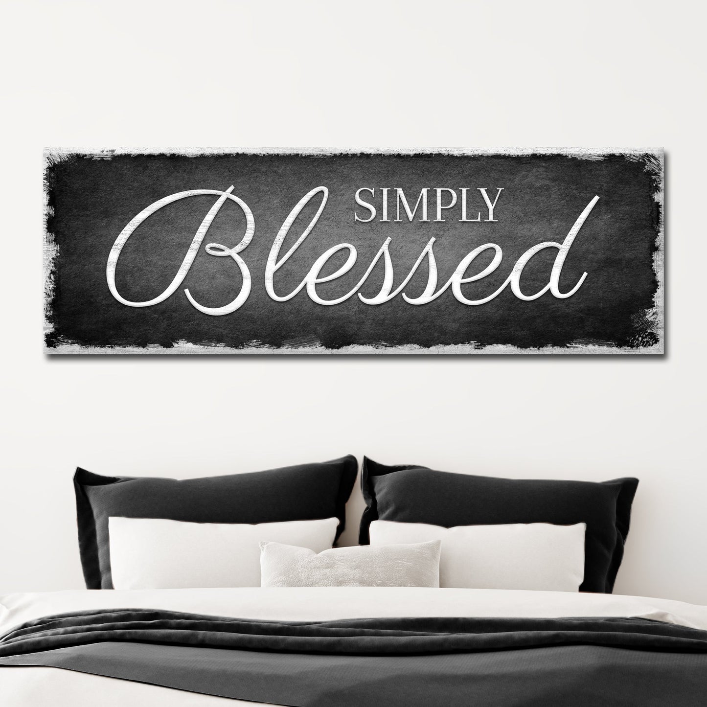 Simply Blessed canvas wall art, Tailored Canvases, black textured background with white script on Tampa Home & Garden Store