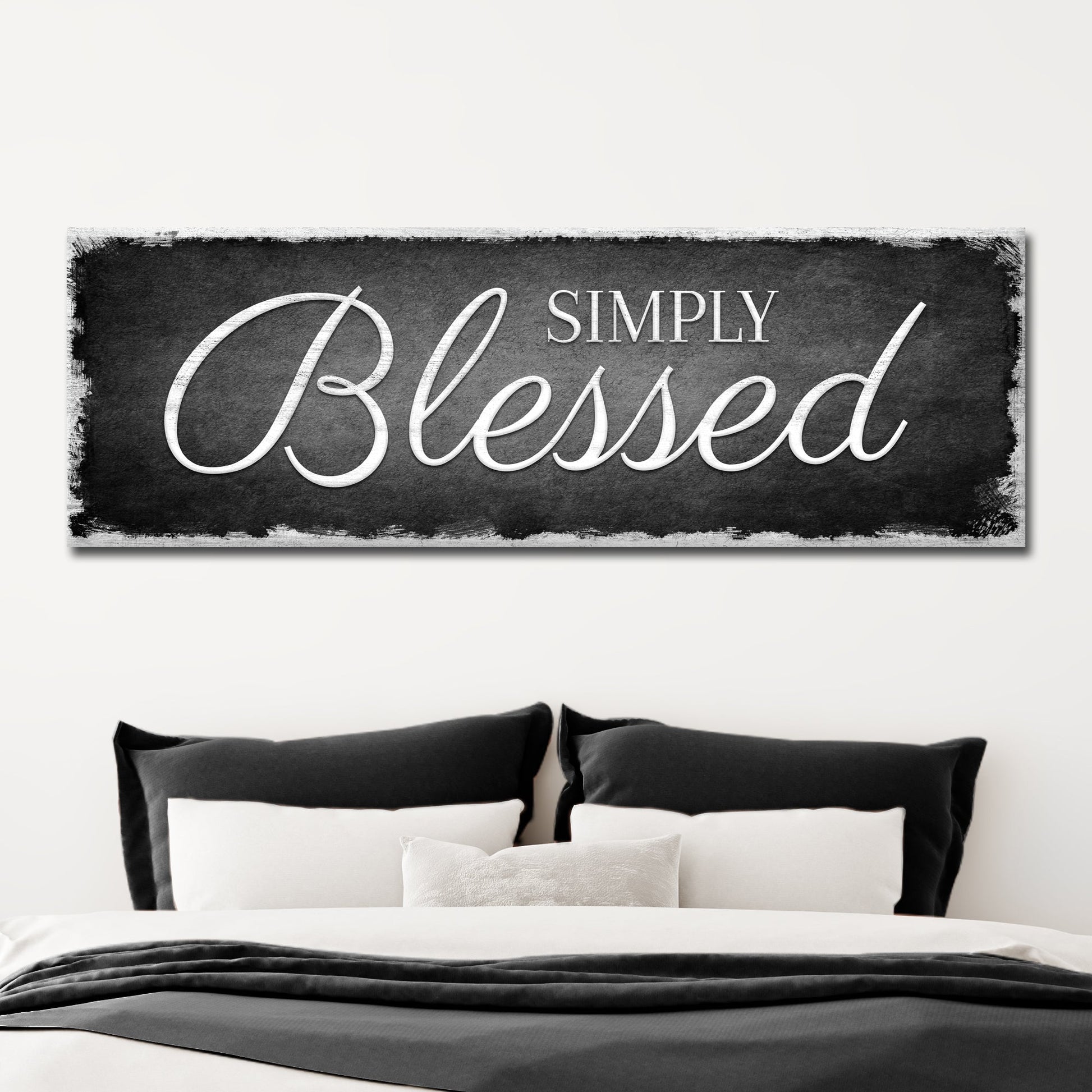 Simply Blessed canvas wall art, Tailored Canvases, black textured background with white script on Tampa Home & Garden Store