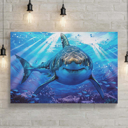 Underwater White Shark Canvas Wall Art by Tailored Canvases in a vivid blue ocean scene on Tampa Home & Garden Store