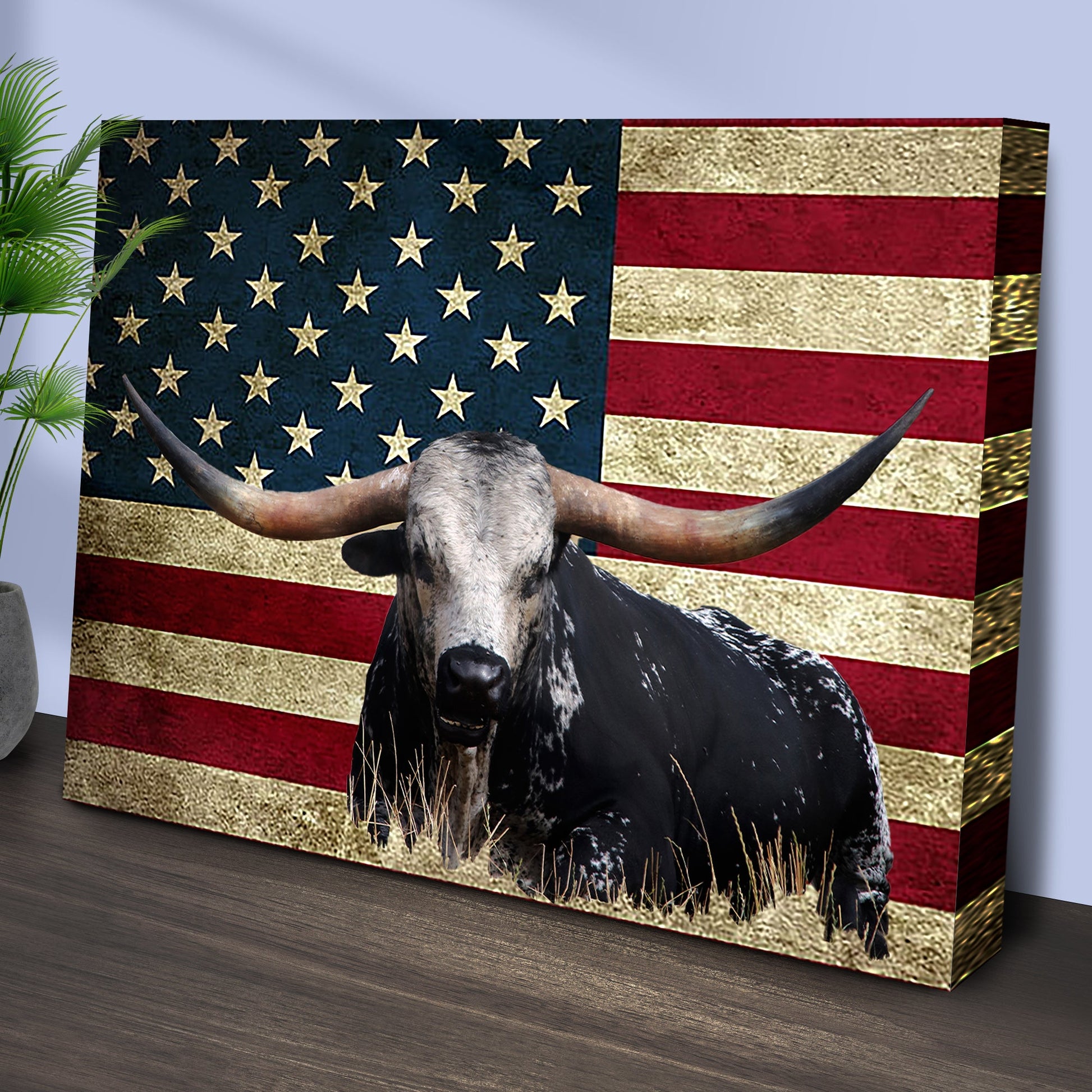 Longhorn cattle American Flag canvas wall art by Tailored Canvases with textured vintage flag backdrop