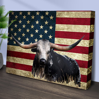 Longhorn cattle American Flag canvas wall art by Tailored Canvases with textured vintage flag backdrop