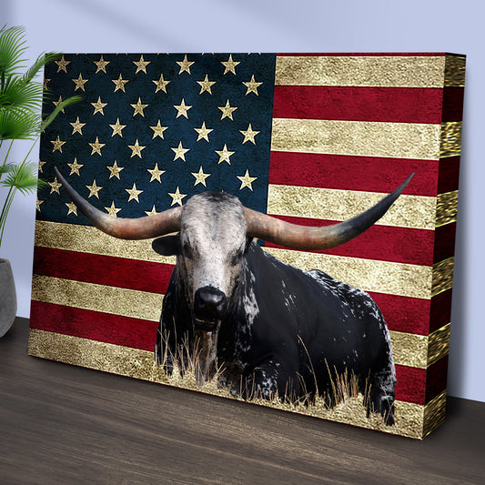 Longhorn cattle American Flag canvas wall art by Tailored Canvases with textured vintage flag backdrop