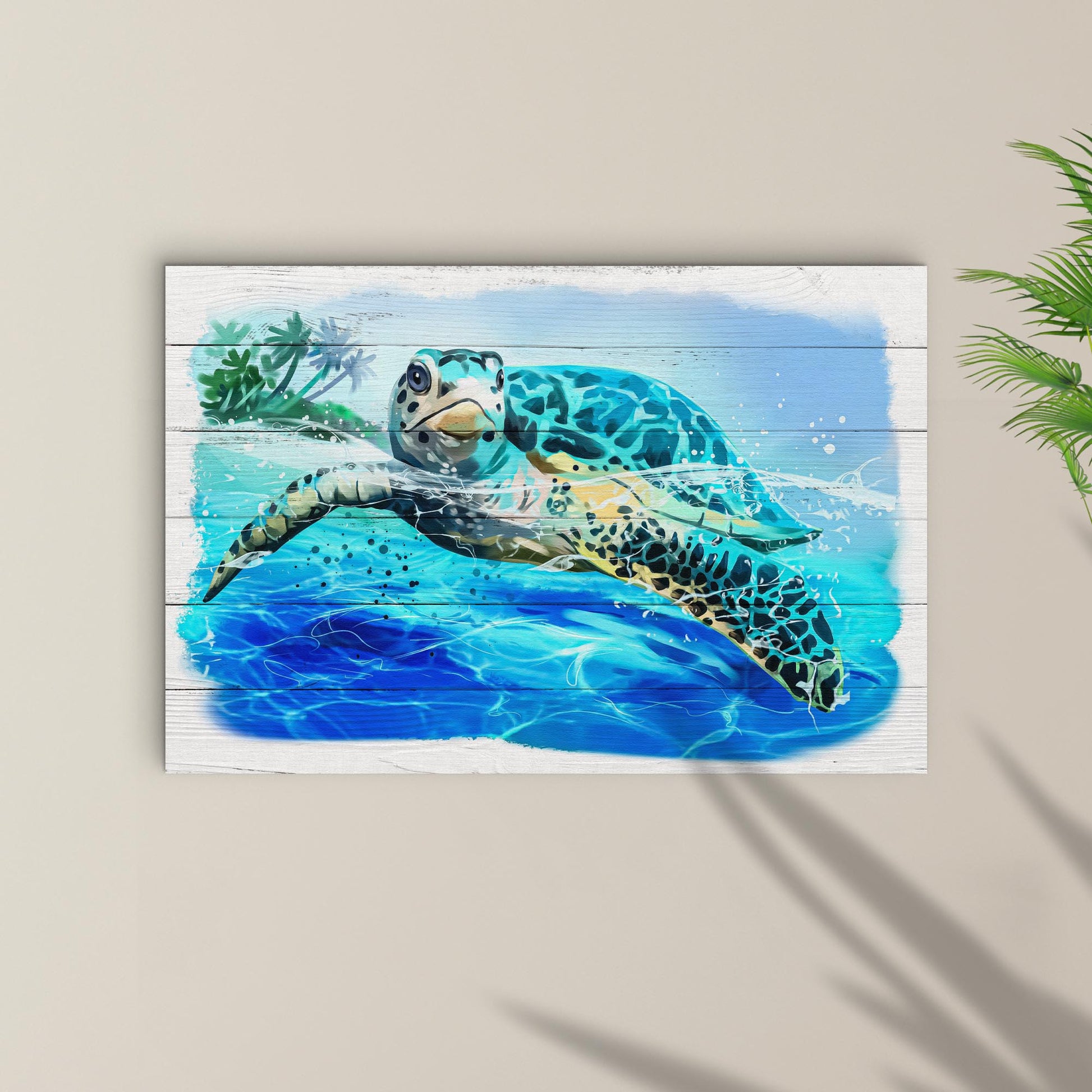Turtle Oasis Watercolor Canvas Art by Tailored Canvases with turquoise turtle on white backdrop on Tampa Home & Garden Store
