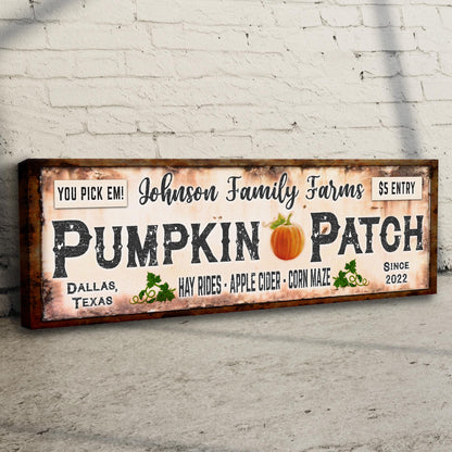 Family Farms Pumpkin Patch Sign canvas with rustic frame, black lettering and pumpkin graphic on Tampa Home & Garden Store