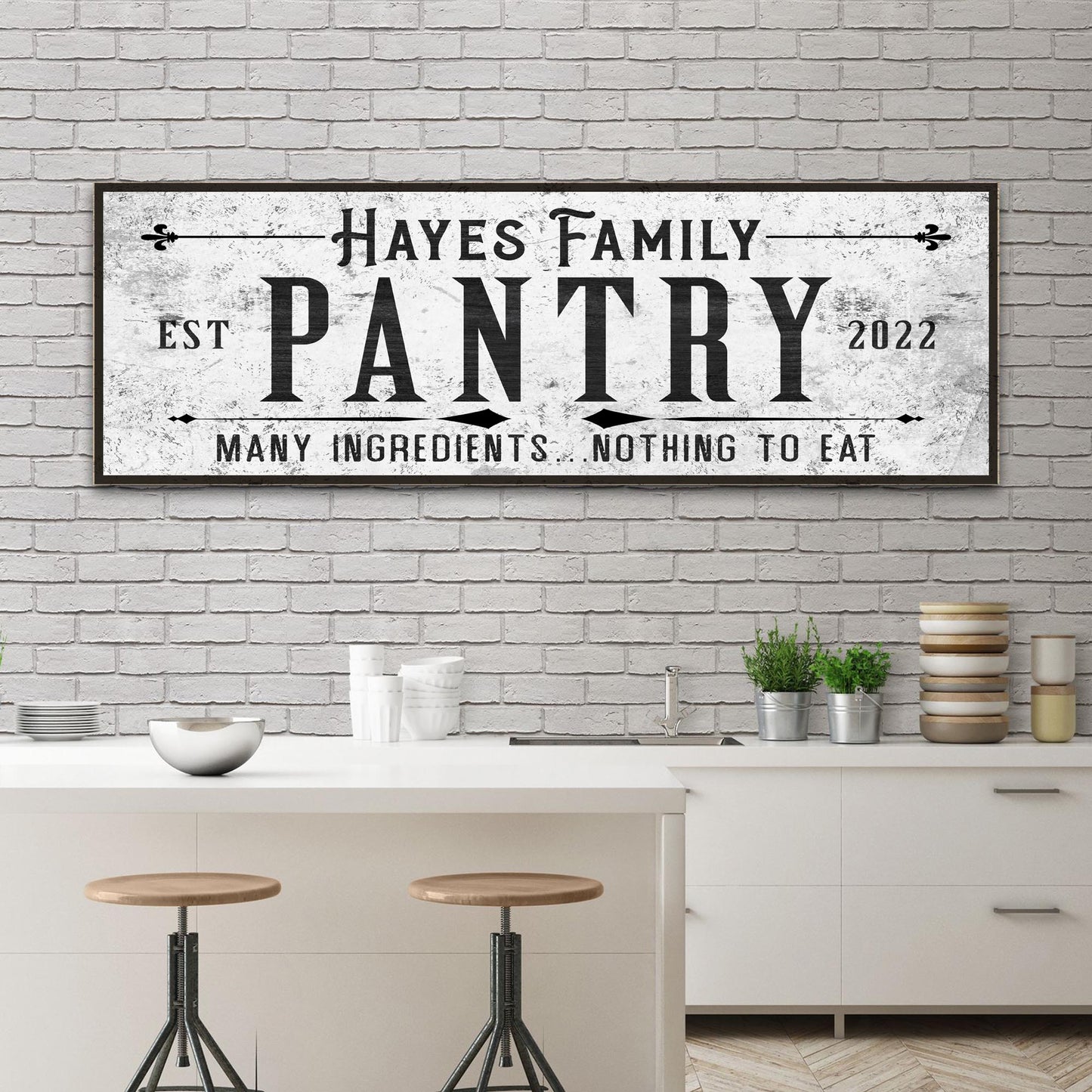 Hayes Family Pantry canvas sign with distressed white background and bold black typography on Tampa Home & Garden Store
