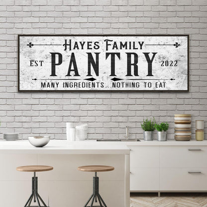 Hayes Family Pantry canvas sign with distressed white background and bold black typography on Tampa Home & Garden Store