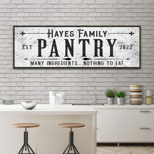 Hayes Family Pantry canvas sign with distressed white background and bold black typography on Tampa Home & Garden Store