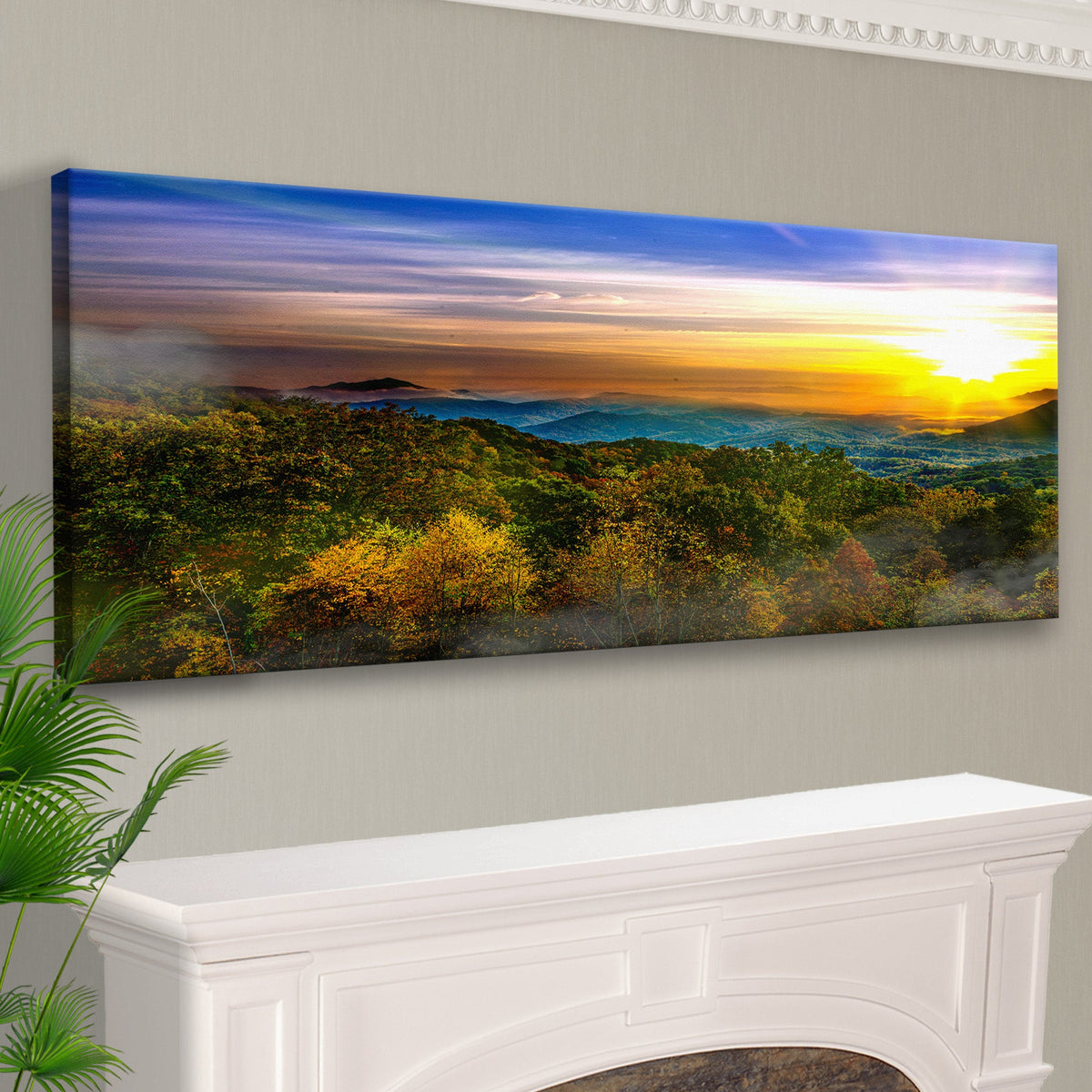 Foggy Mountain At Sunrise Canvas Wall Art by Tailored Canvases sunrise hues over mountain forest on Tampa Home & Garden Store
