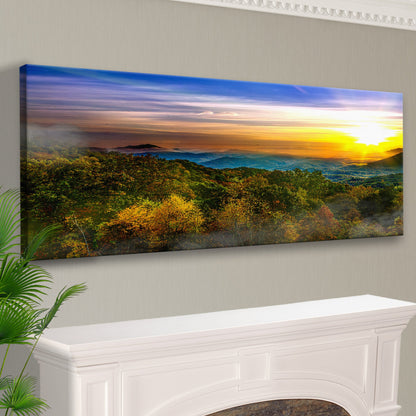 Foggy Mountain At Sunrise Canvas Wall Art by Tailored Canvases sunrise hues over mountain forest on Tampa Home & Garden Store