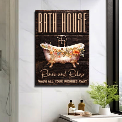 Rinse And Relax Bath House Sign canvas with dark wood backdrop and floral vintage tub motif on Tampa Home & Garden Store