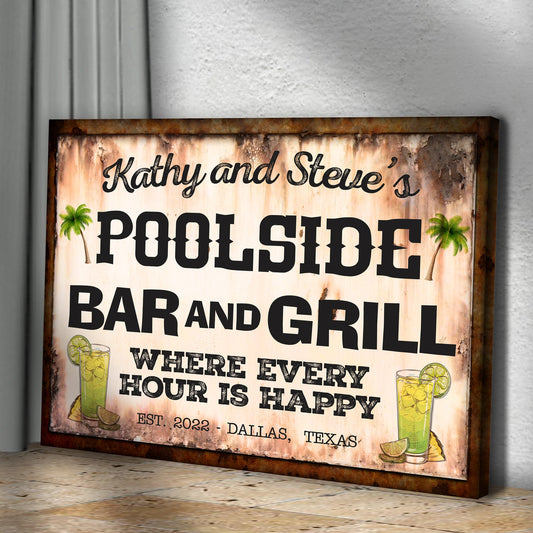 Poolside Bar And Grill Sign III canvas with rusted frame and weathered finish on Tampa Home & Garden Store