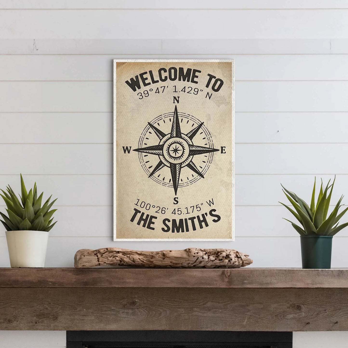 Canvas sign Welcome To Family Home Coordinates Sign by Tailored Canvases beige compass on Tampa Home & Garden Store