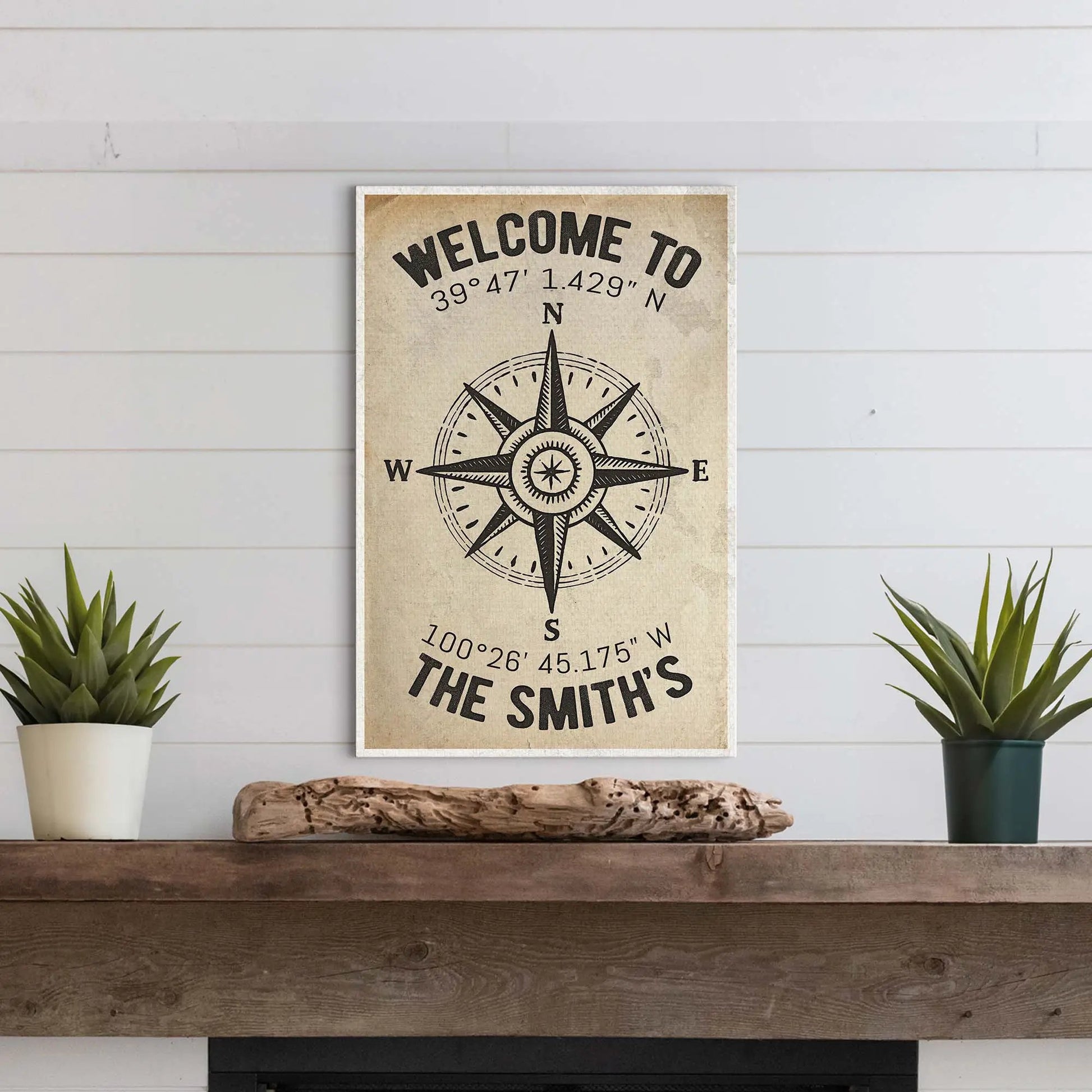 Canvas sign Welcome To Family Home Coordinates Sign by Tailored Canvases beige compass on Tampa Home & Garden Store