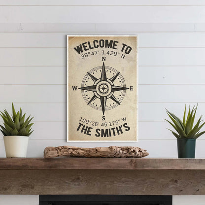 Canvas sign Welcome To Family Home Coordinates Sign by Tailored Canvases beige compass on Tampa Home & Garden Store