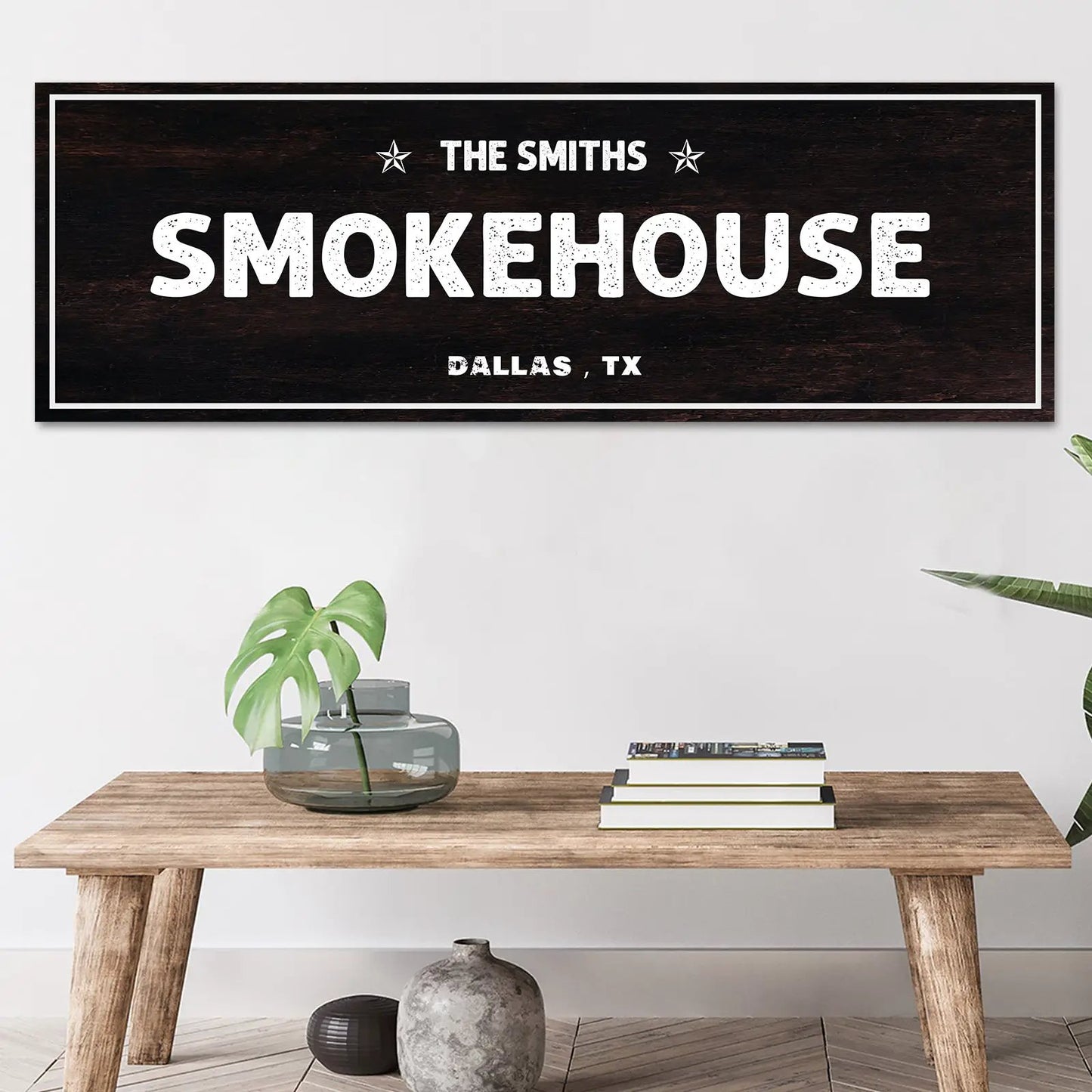 Smokehouse Sign canvas wall art with black wood and distressed text Dallas, TX Tailored Canvases on Tampa Home & Garden Store