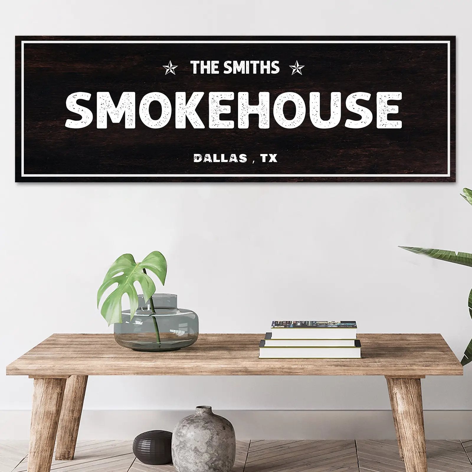 Smokehouse Sign canvas wall art with black wood and distressed text Dallas, TX Tailored Canvases on Tampa Home & Garden Store