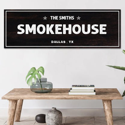 Smokehouse Sign canvas wall art with black wood and distressed text Dallas, TX Tailored Canvases on Tampa Home & Garden Store