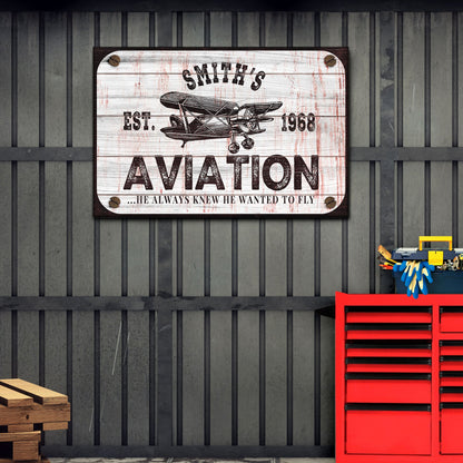 Aviation sign canvas by Tailored Canvases with whitewashed wood background and vintage airplane on Tampa Home & Garden Store