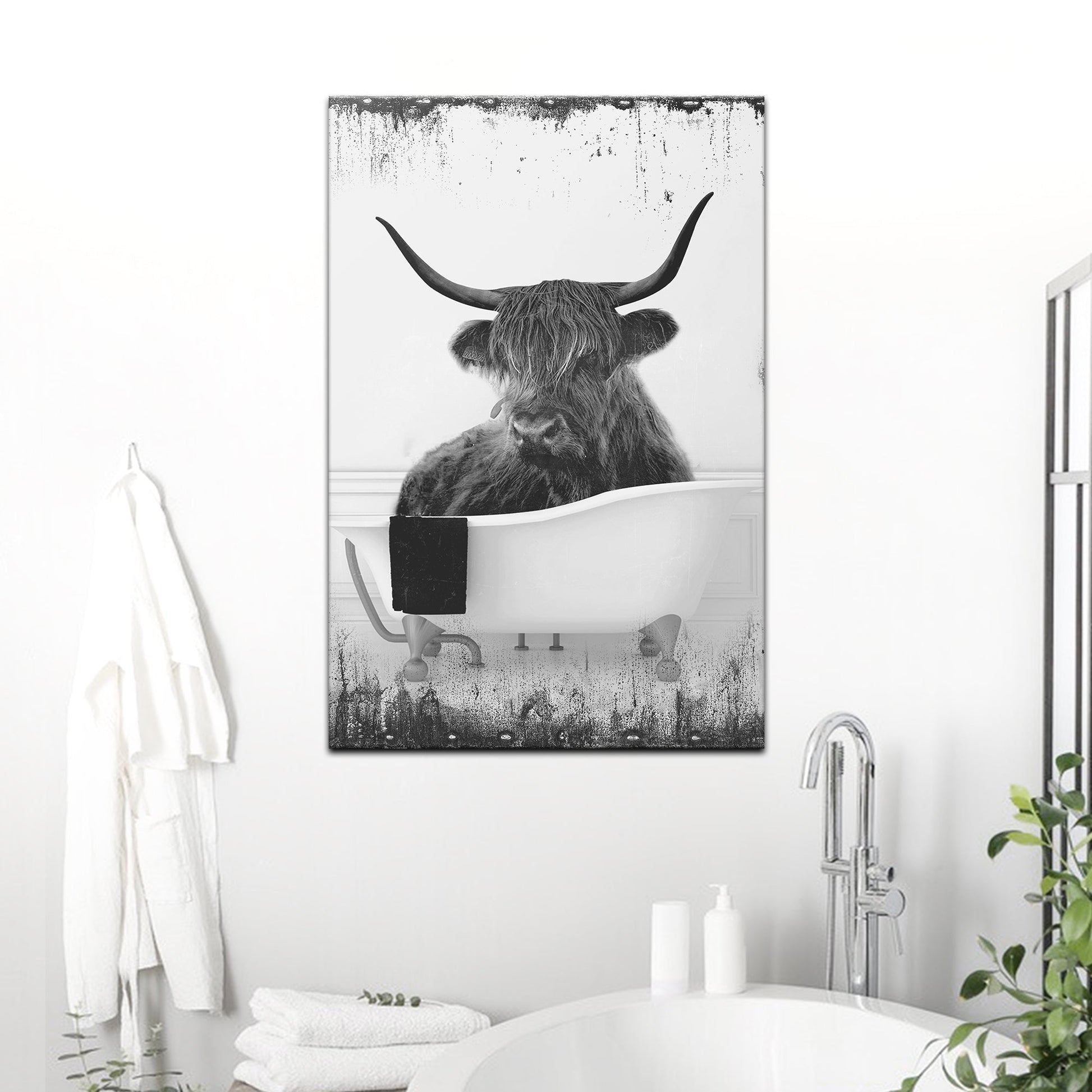 Highland Cattle Bath Canvas Wall Art II, black and white canvas by Tailored Canvases on Tampa Home & Garden Store