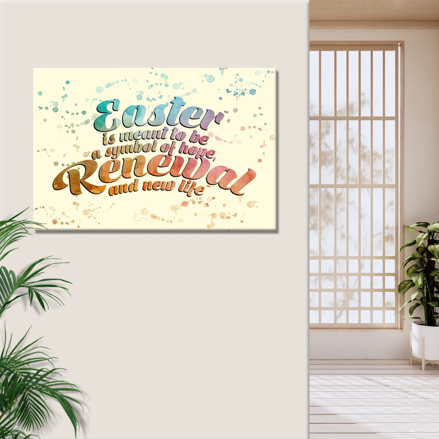 Canvas sign Easter symbol of hope with watercolor splashes in teal and peach on crafting canvas on Tampa Home & Garden Store