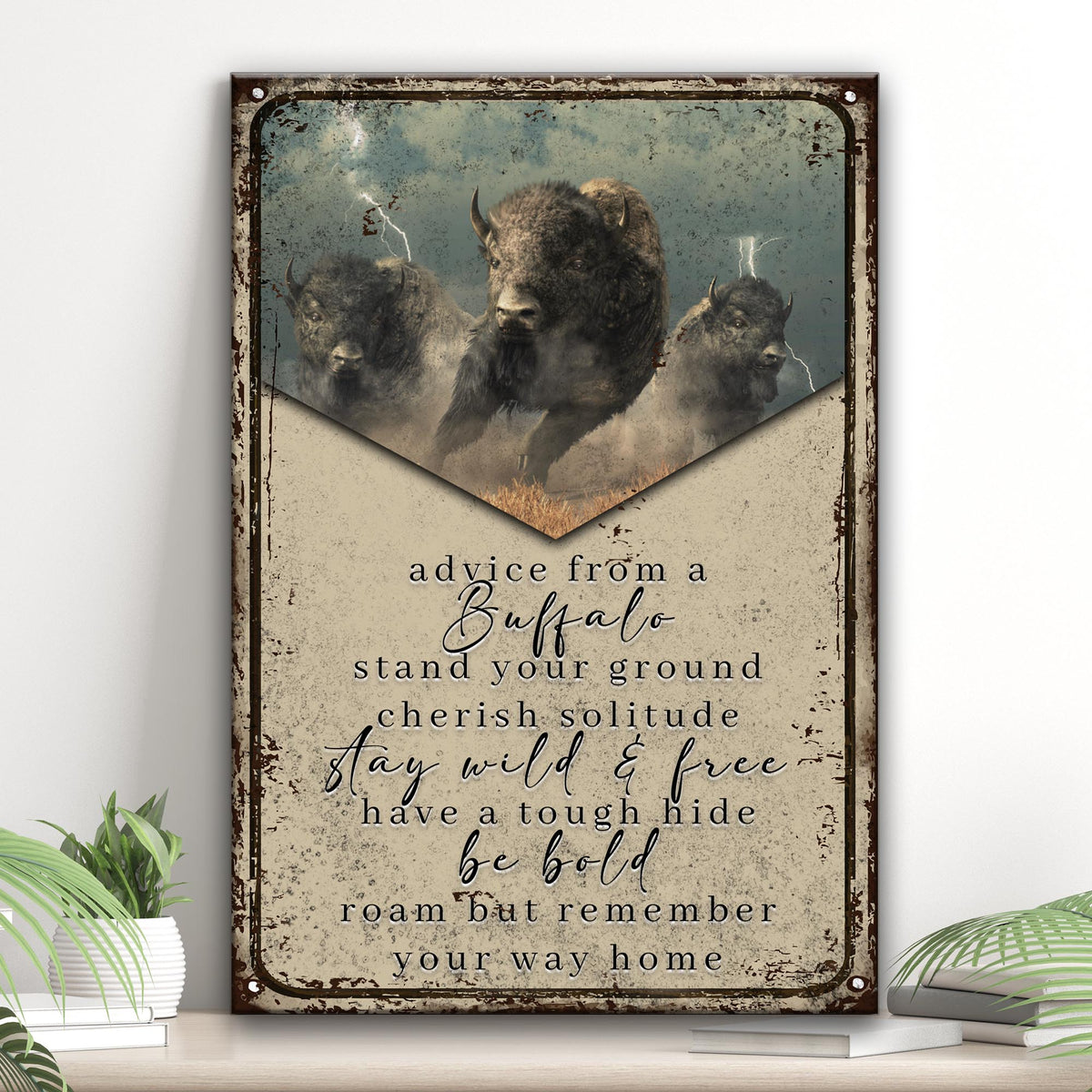 Advice From A Buffalo canvas sign by Tailored Canvases with weathered frame and three bison on Tampa Home & Garden Store