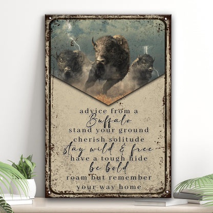 Advice From A Buffalo canvas sign by Tailored Canvases with weathered frame and three bison on Tampa Home & Garden Store