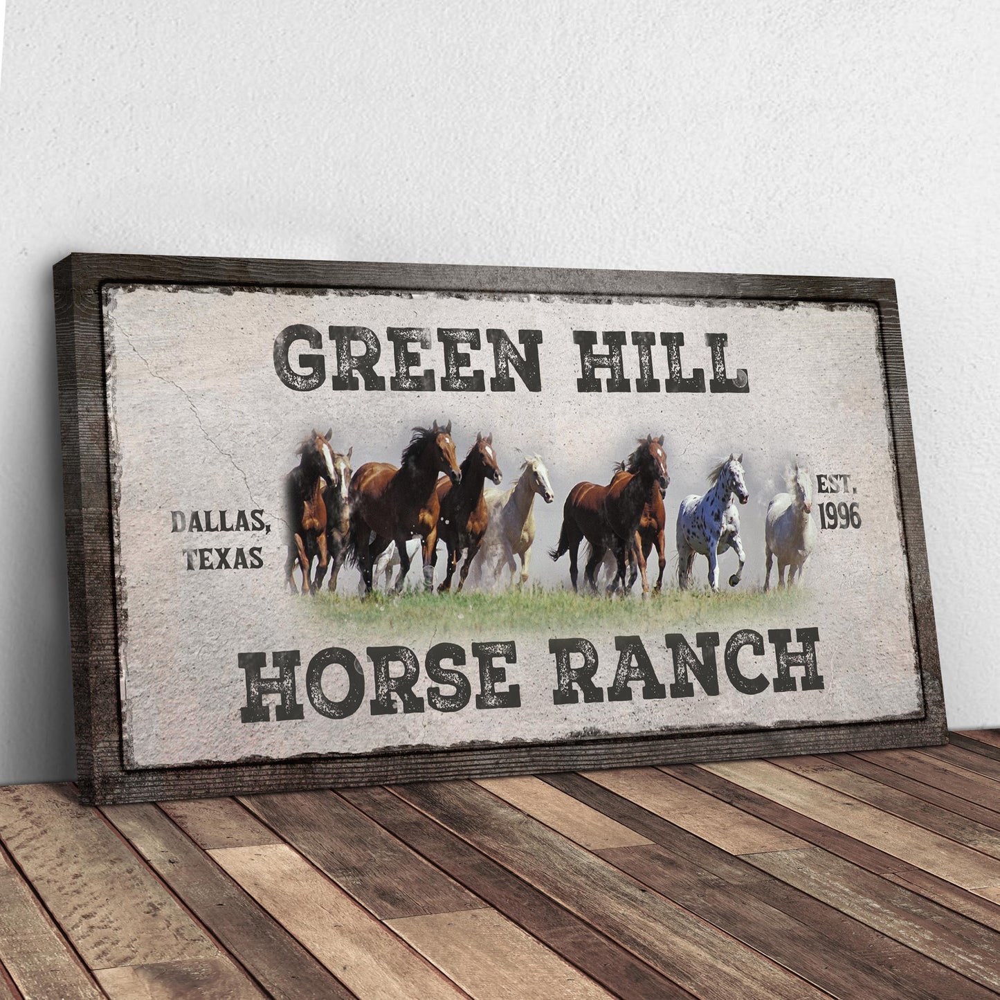 Family Horse Ranch Sign V canvas with rustic frame and running horses HORSE RANCH on Tampa Home & Garden Store