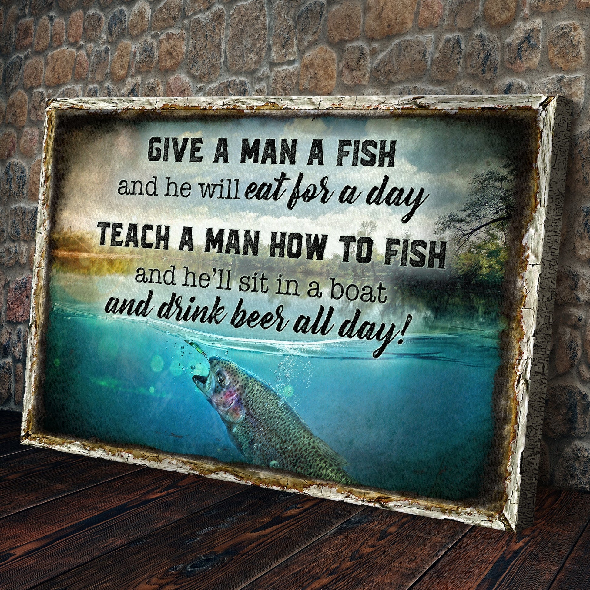 Canvas sign by Tailored Canvases featuring distressed whitewashed frame and fishing quote on Tampa Home & Garden Store