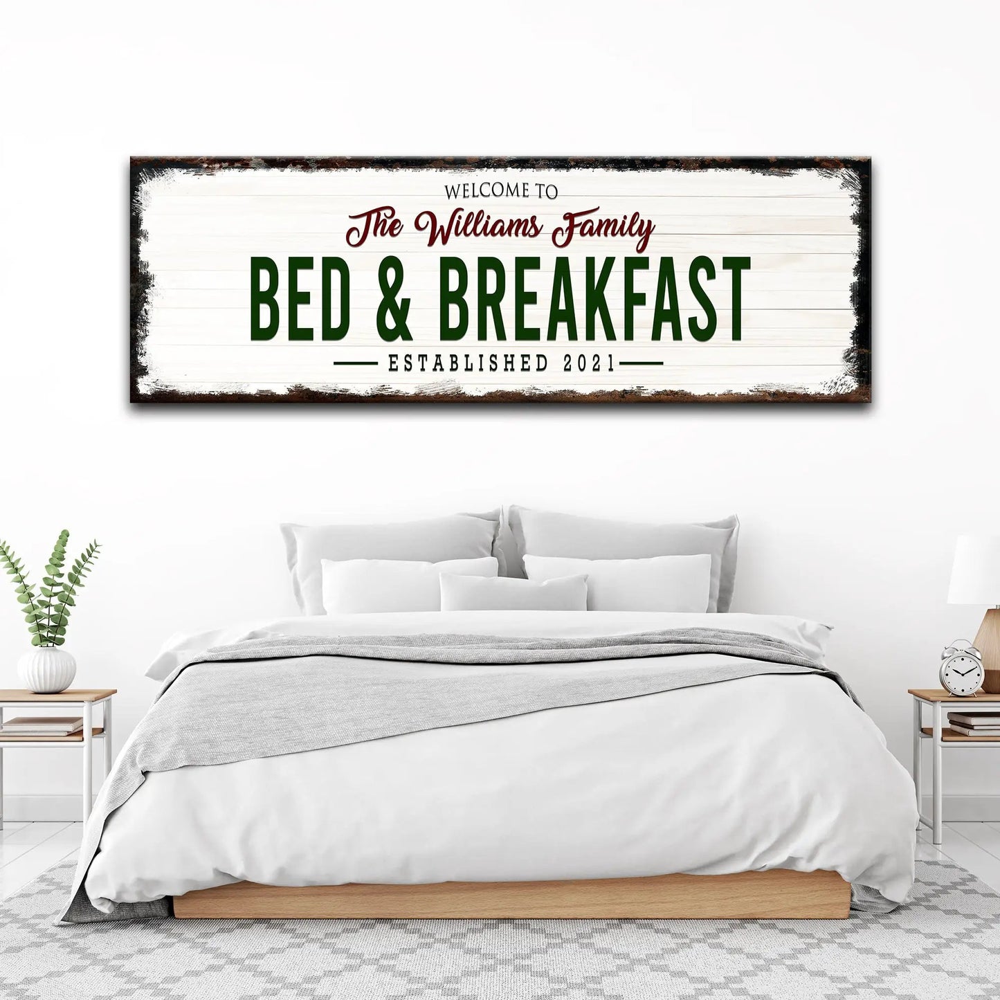 Bed & Breakfast sign canvas by Tailored Canvases, distressed wood backdrop green lettering on Tampa Home & Garden Store