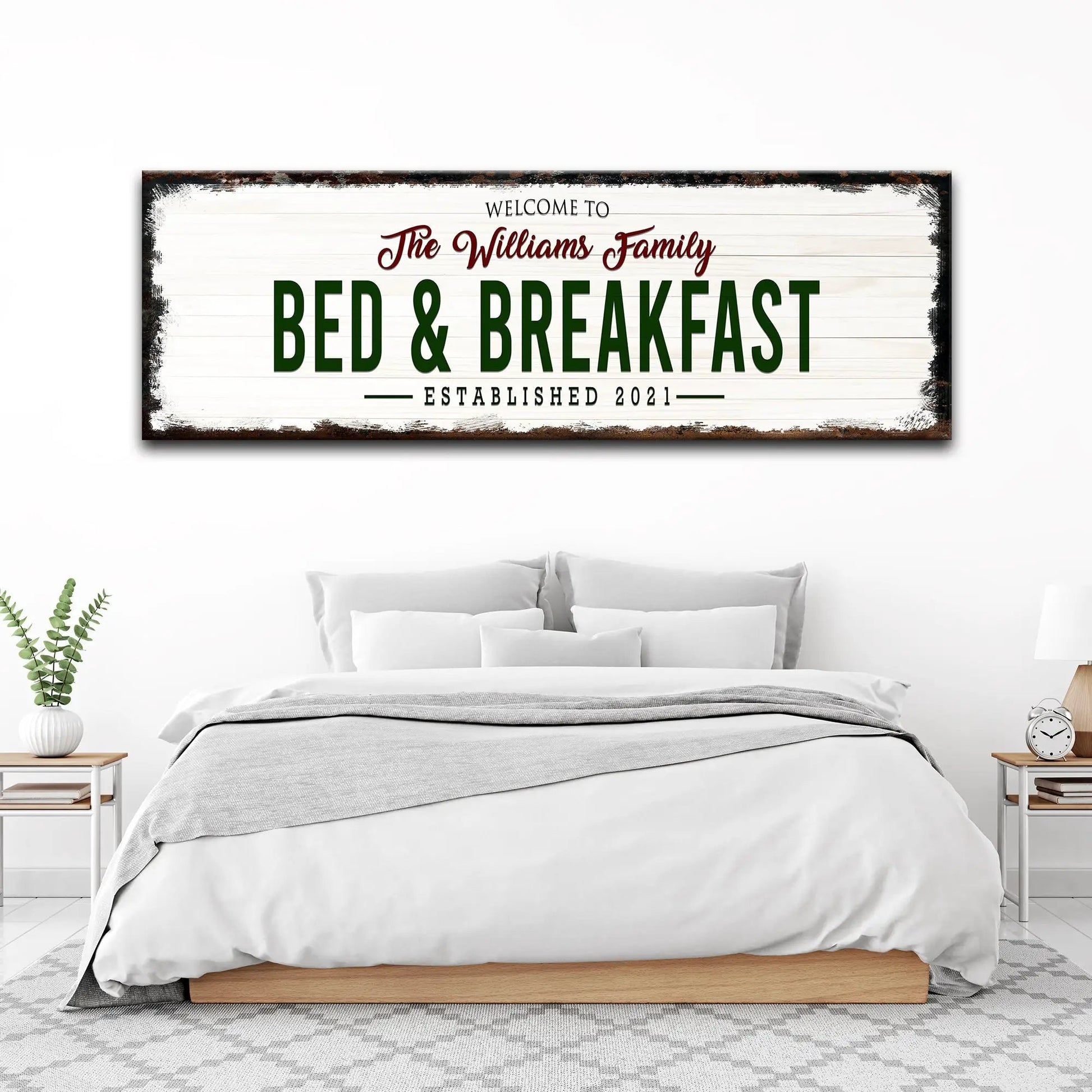 Bed & Breakfast sign canvas by Tailored Canvases, distressed wood backdrop green lettering on Tampa Home & Garden Store