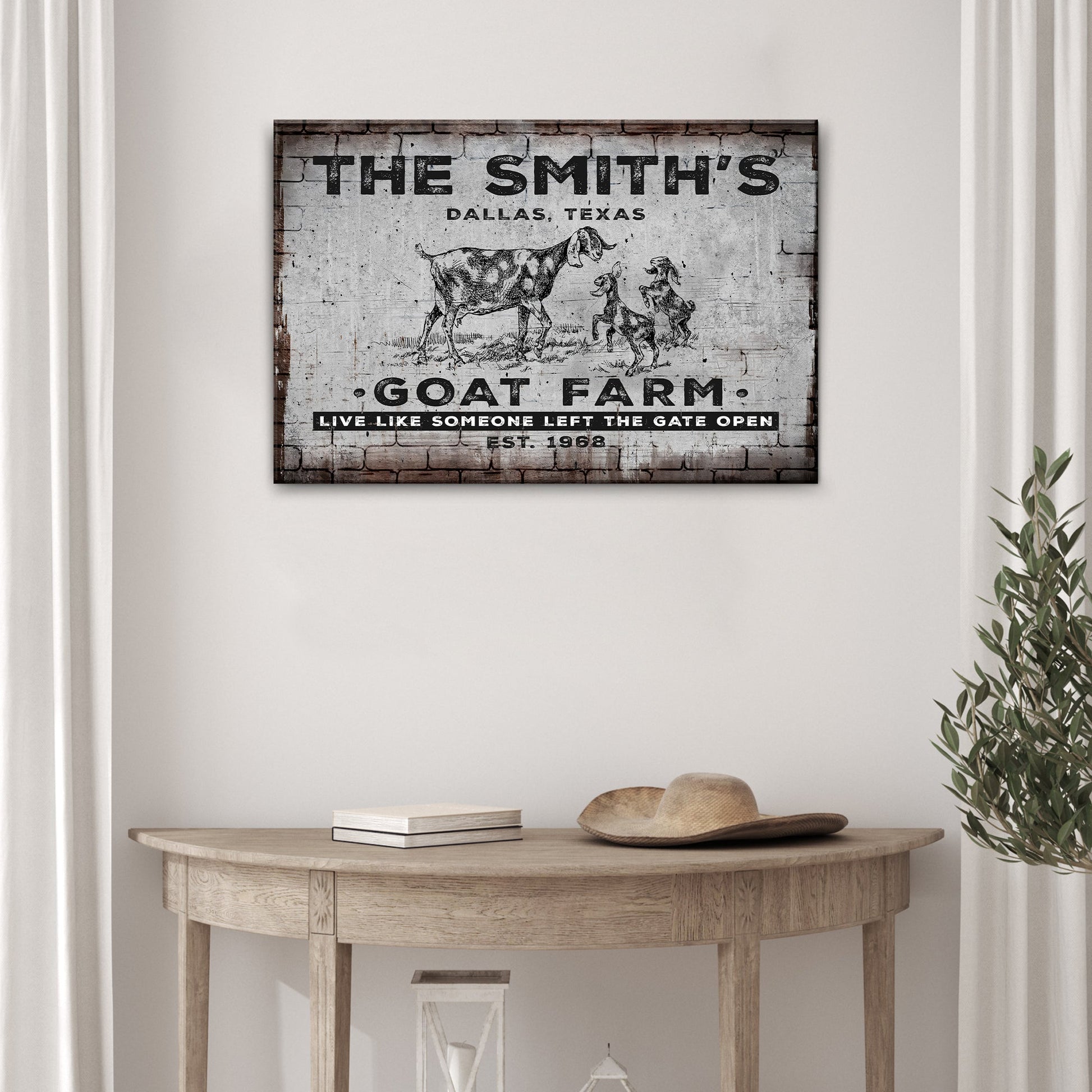 Goat Farm Sign II canvas by Tailored Canvases, vintage distressed goats on brick backdrop on Tampa Home & Garden Store