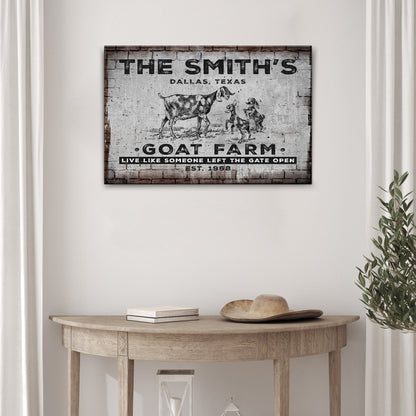 Goat Farm Sign II canvas by Tailored Canvases, vintage distressed goats on brick backdrop on Tampa Home & Garden Store