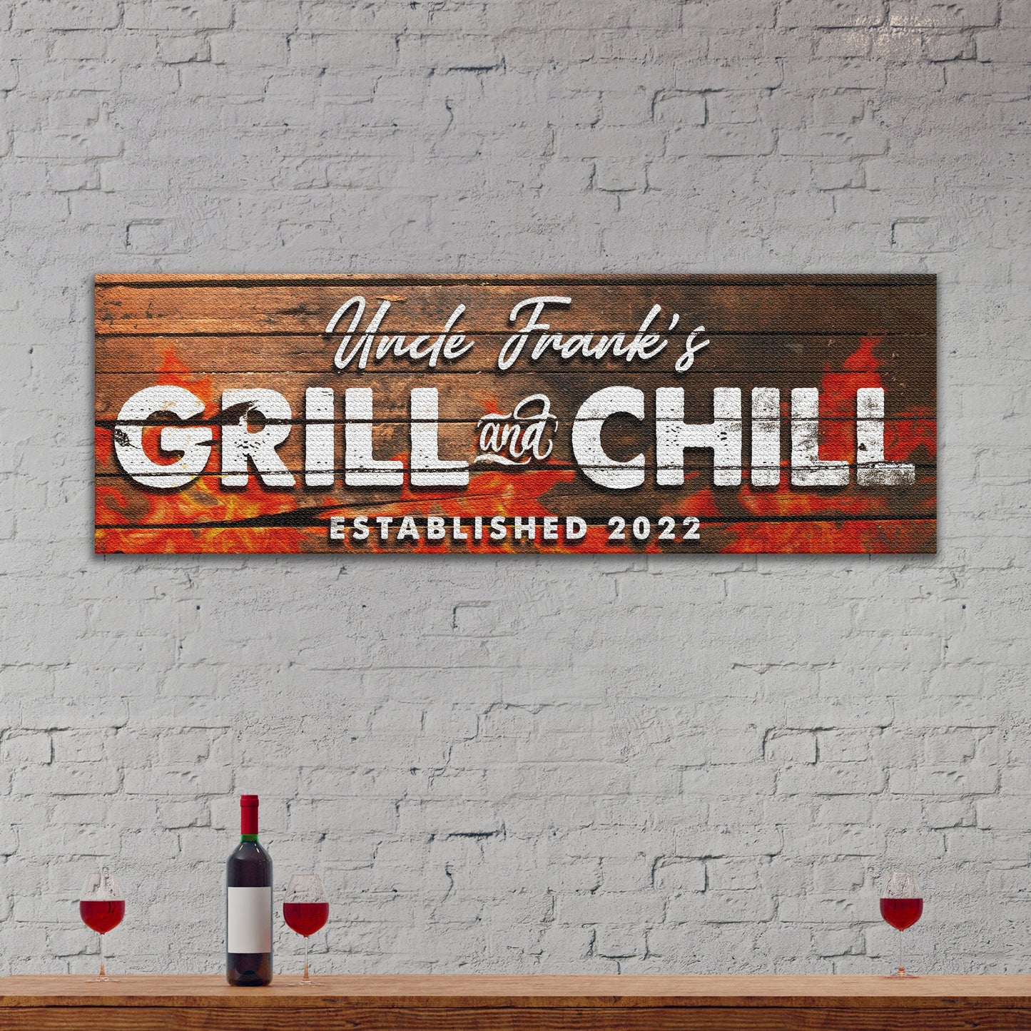Grill And Chill Sign II canvas with wood plank backdrop and white script flame art on Tampa Home & Garden Store