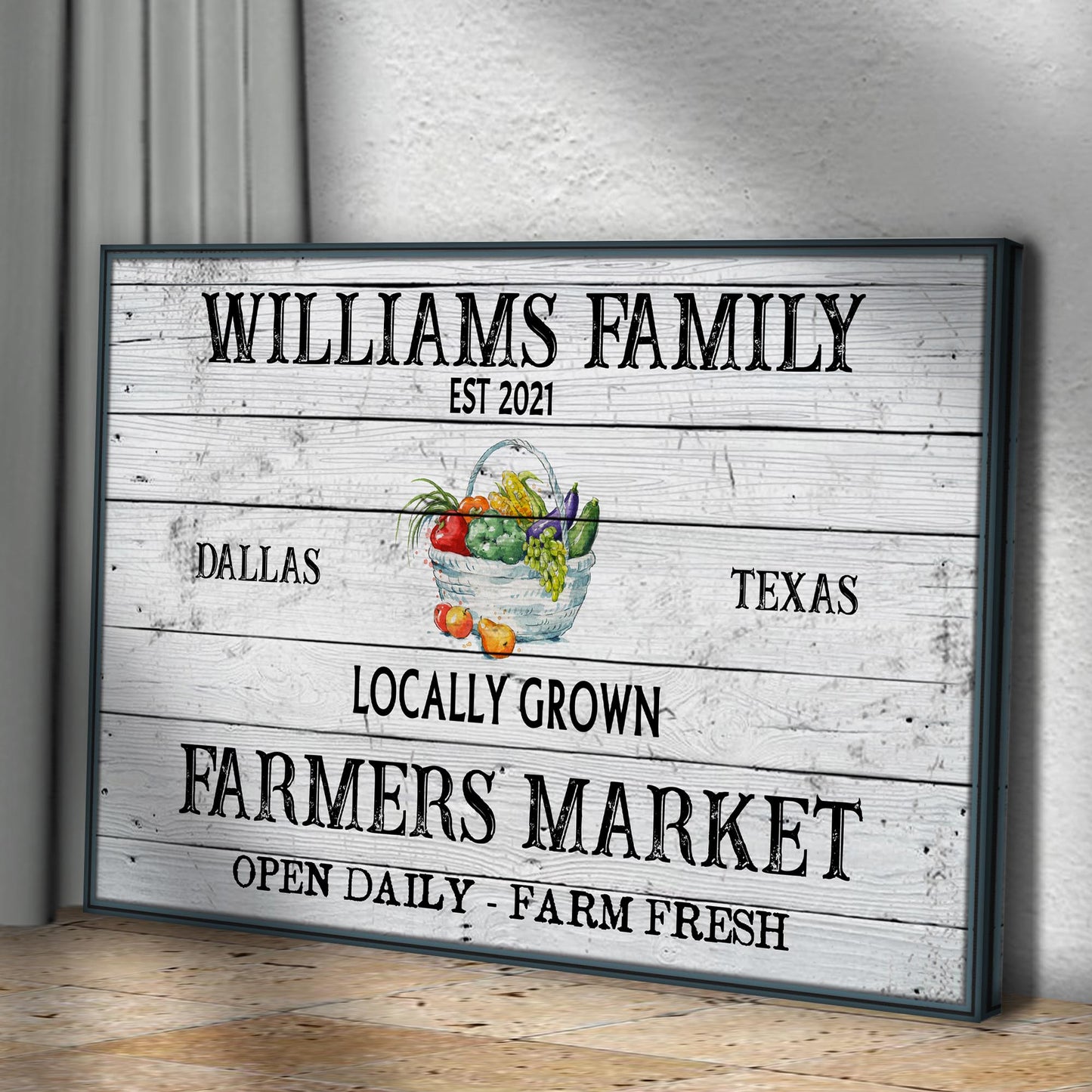 Farmers Market Sign II canvas with rustic whitewashed wood background and produce basket on Tampa Home & Garden Store